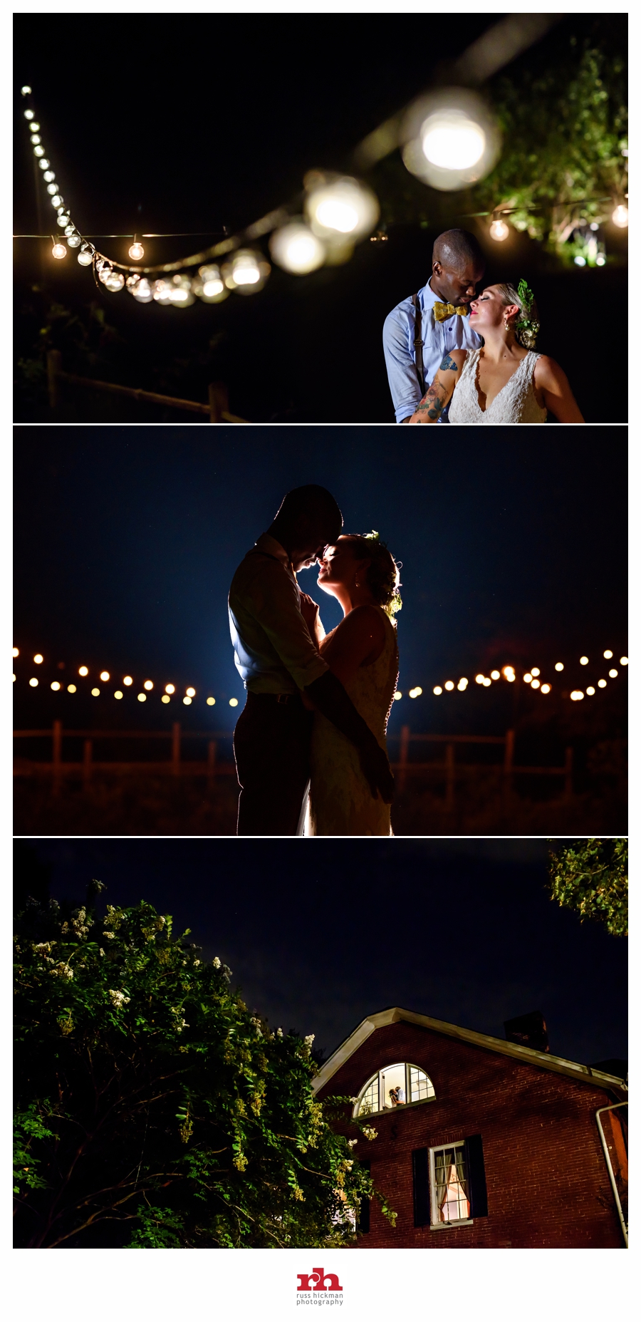 Night portraits of a wedding couple after thier reception at the elkridge furnace inn outside of baltimore, md.